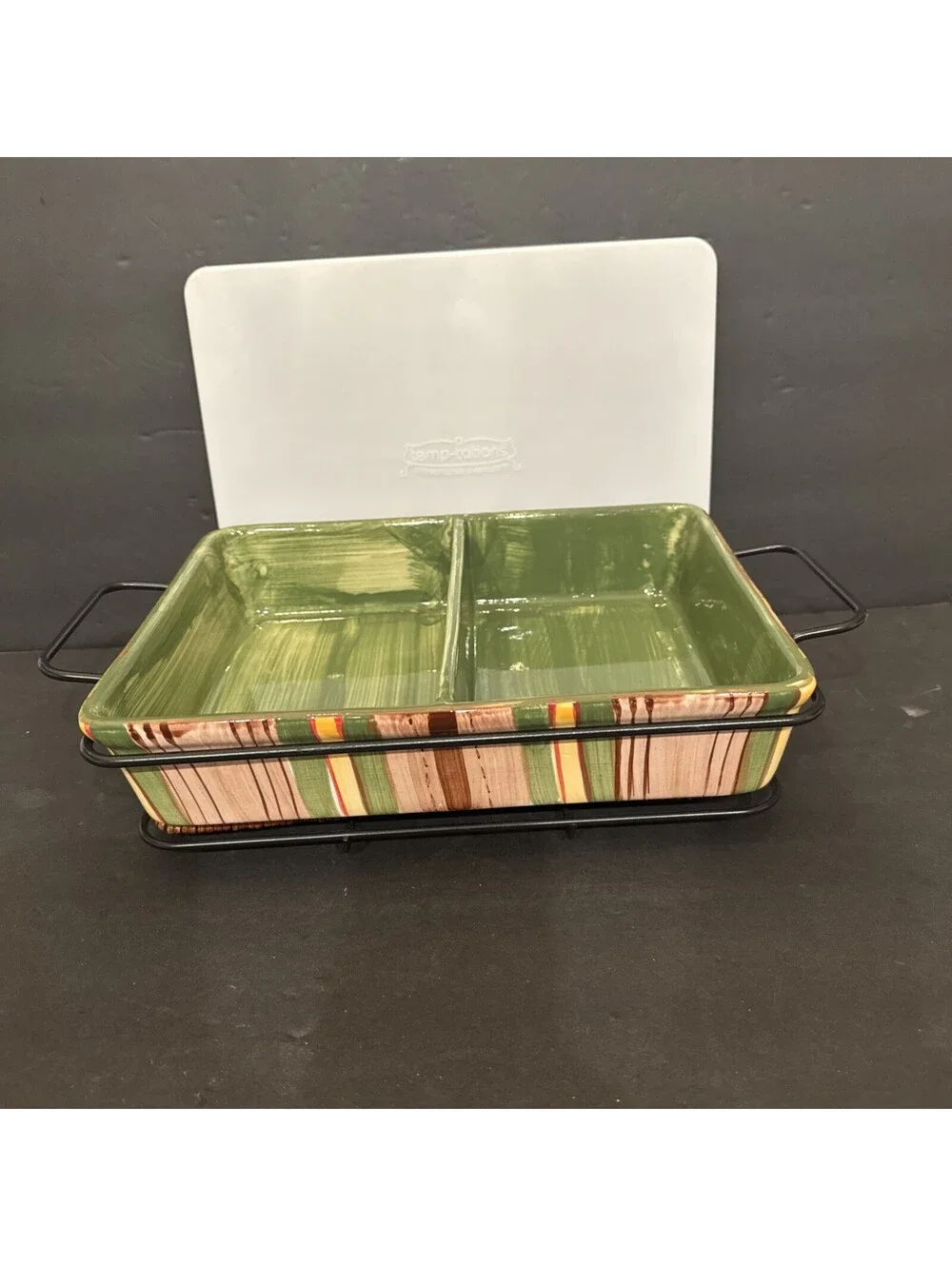 Temp-tations by Tara 9 x 12 Tescher Divided Baking Dish With Lid And Stand